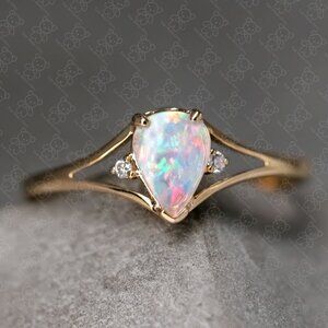 Pear Shaped Solid Opal & Diamond Ring 14K Yellow Gold